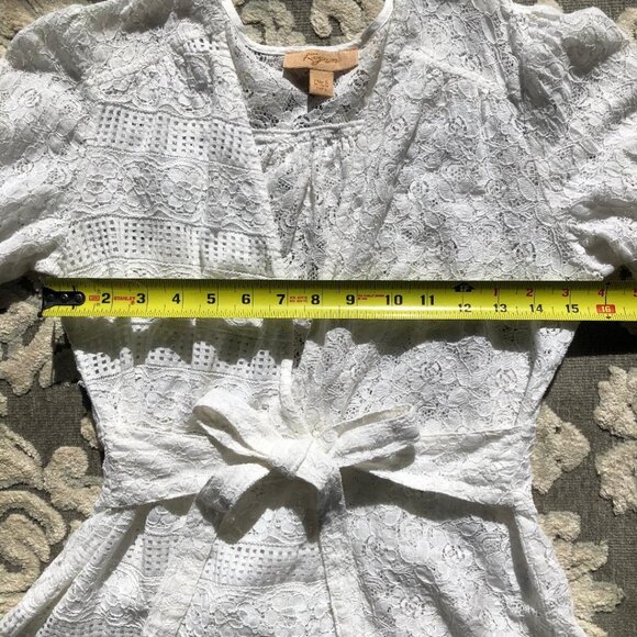 KYRA, white, lace, half wrap-front, blouse with tie up waist, Size Small - Picture 6 of 7